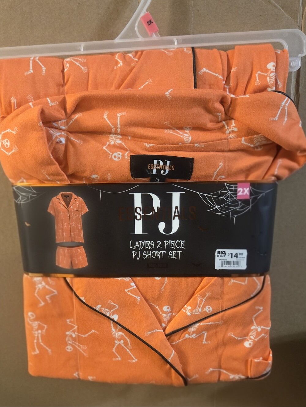 Essentials Women's Orange Short 2-Piece Pajama Set with White Skeleton Print
